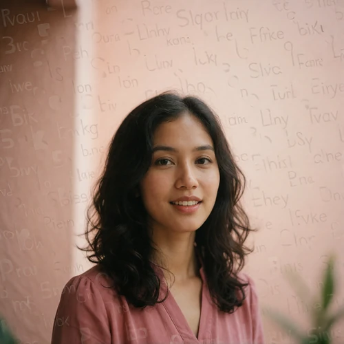 Singaporean woman of Peranakan heritage in a rose blouse smiling gently in soft daylight