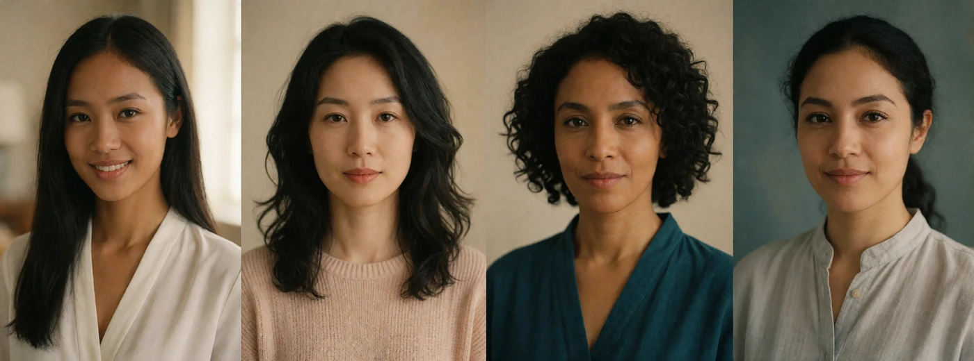Row of four verified female member portraits from different Asian regions, each photographed in soft natural light