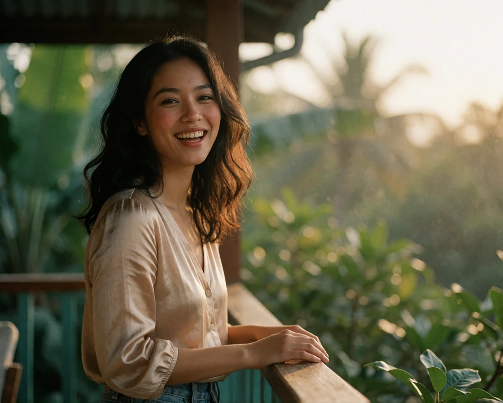 A cheerful Filipina woman in a blush blouse laughing on a covered terrace with tropical greenery behind her