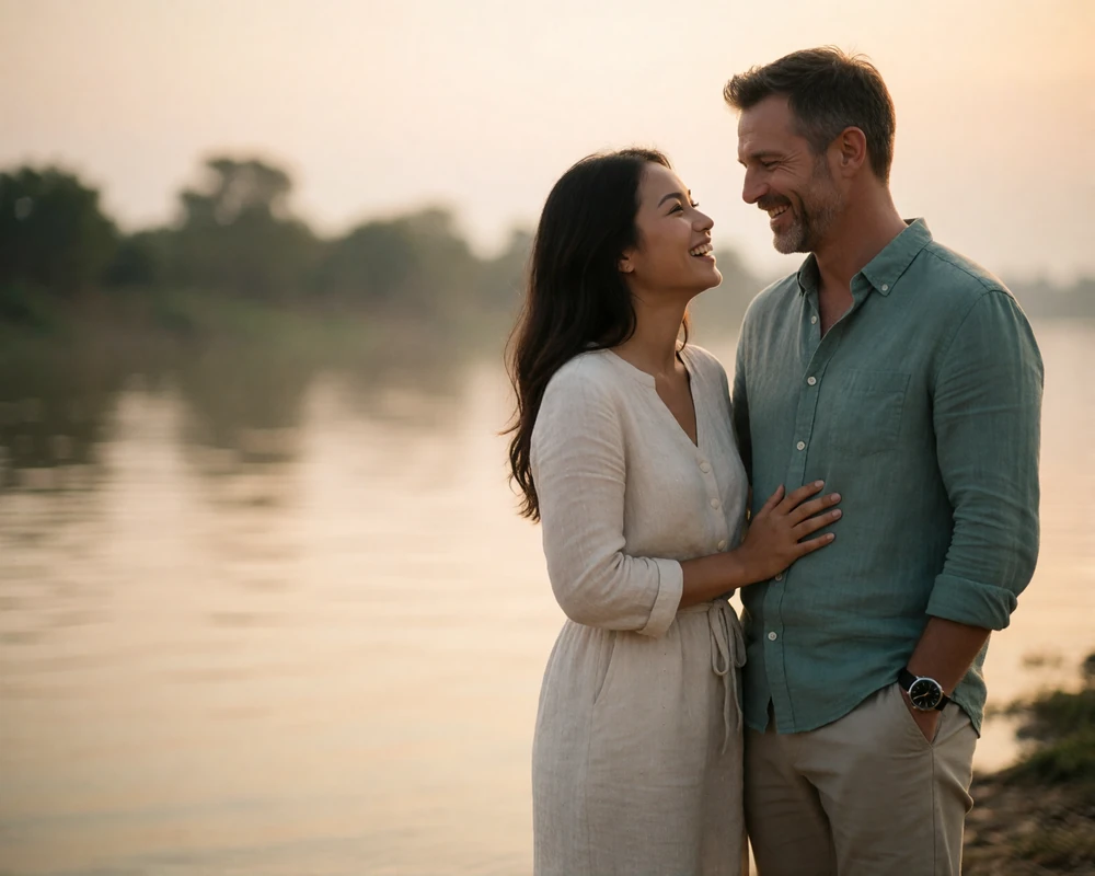 Laotian woman and Western man laughing softly together on a quiet riverbank at dusk