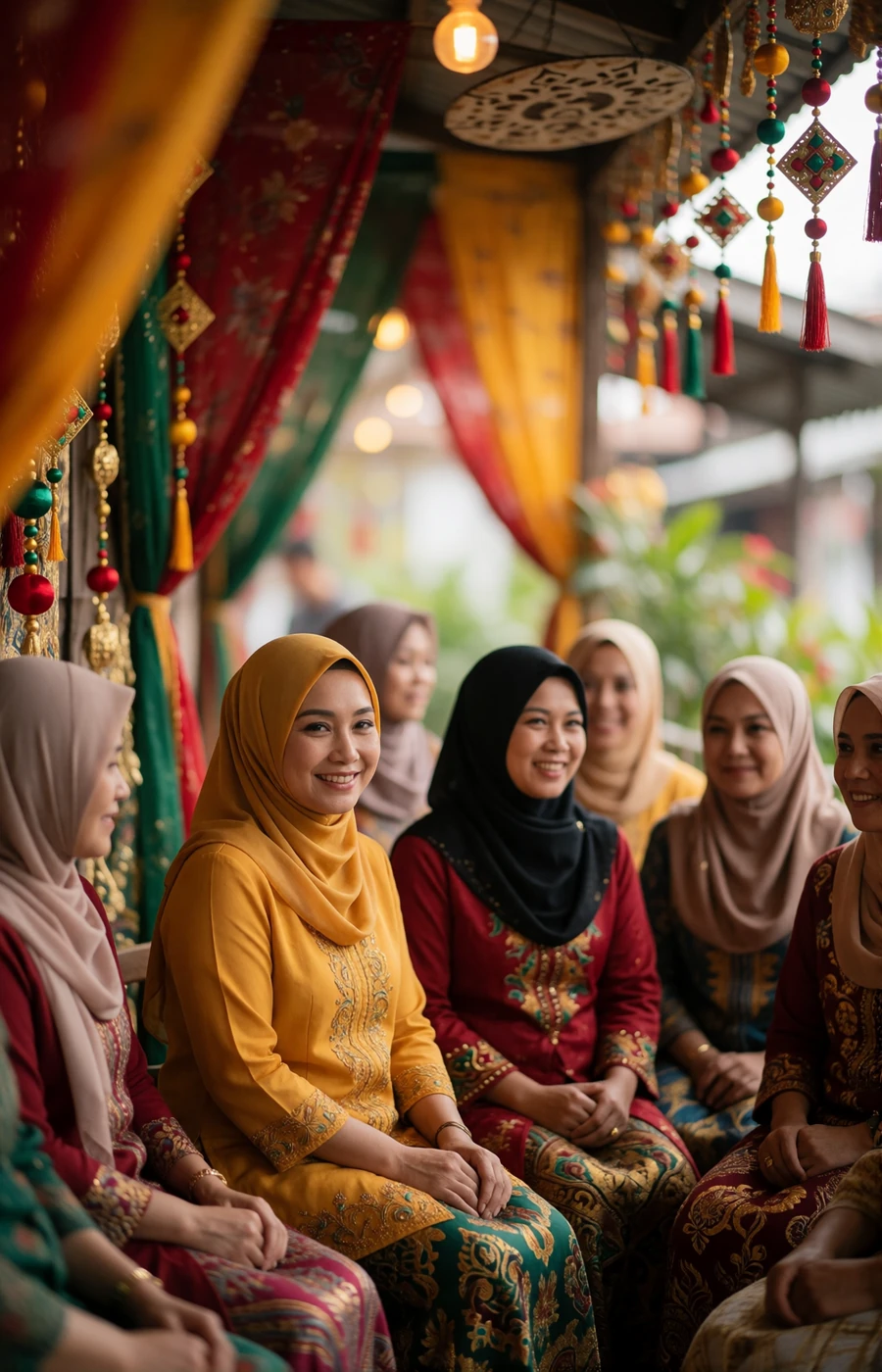 Group of Malaysian women in traditional festive dress sharing a joyful moment on a decorated veranda during a cultural celebration