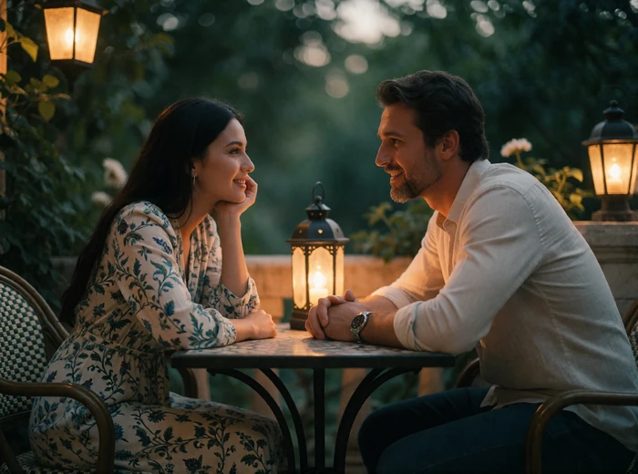 Uzbek woman and Western man seated across a small table on a lamplit garden terrace
