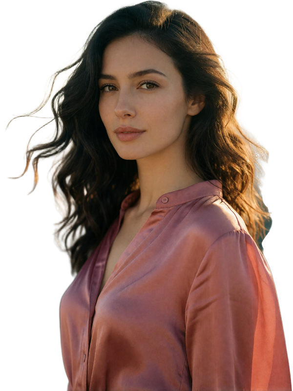 Armenian woman in a rose-toned silk blouse with wavy dark hair in the breeze