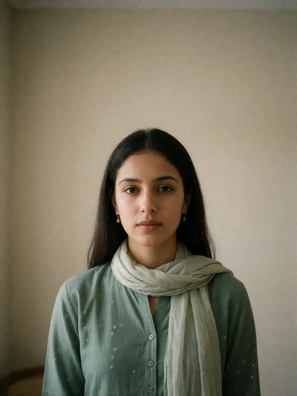 Pakistani woman in a simple modest kurta with a light scarf photographed against a plain warm wall