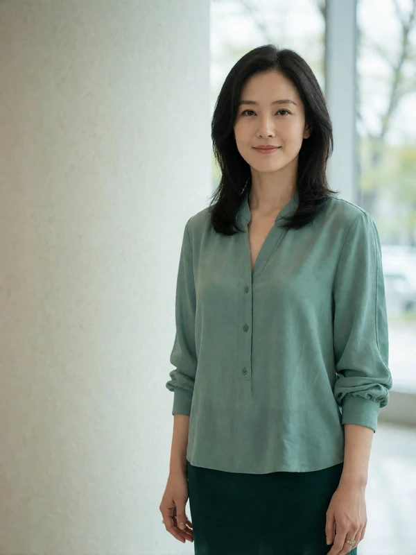 Korean woman in her early thirties in a jade blouse standing in a bright modern interior