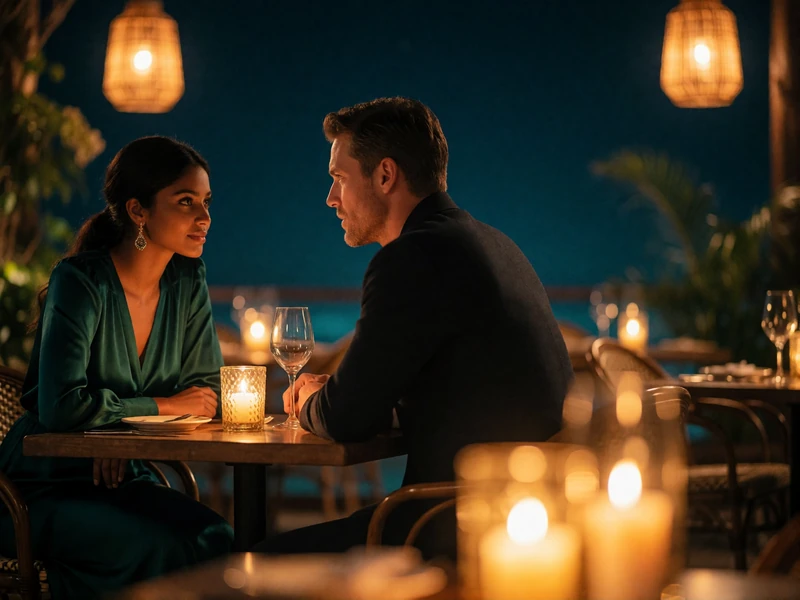 Sri Lankan woman and Western man seated across a candlelit table on an open-air restaurant terrace at night