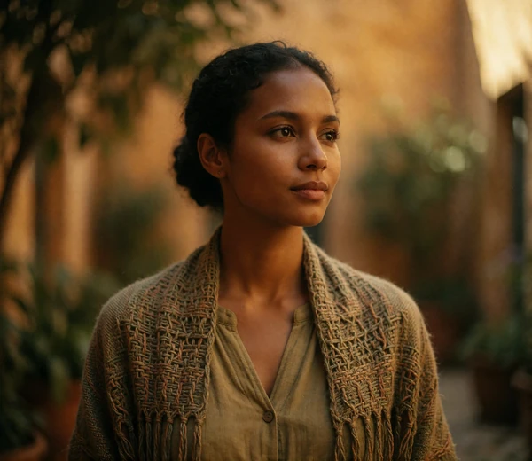 Timorese woman in her early thirties wearing a woven shawl, standing in a shaded courtyard