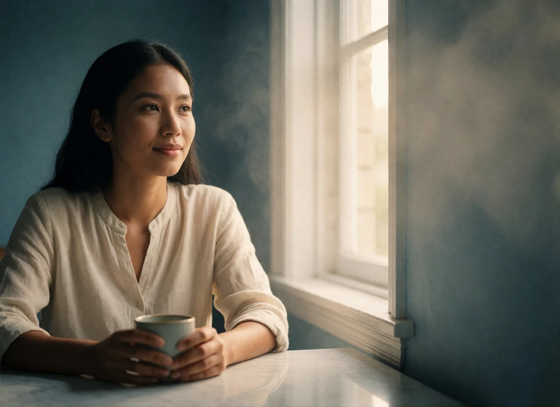 Southeast Asian woman in a cream linen shirt holding a small ceramic cup beside a bright window