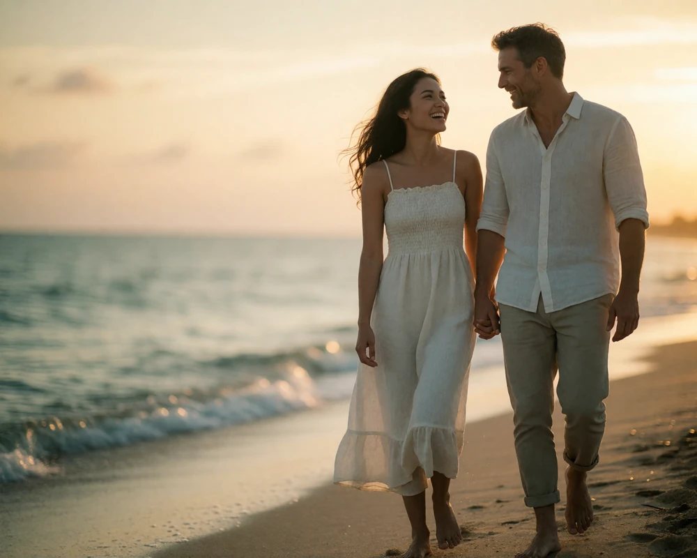Indonesian woman and Western man laughing together while walking barefoot along a beach at sunset