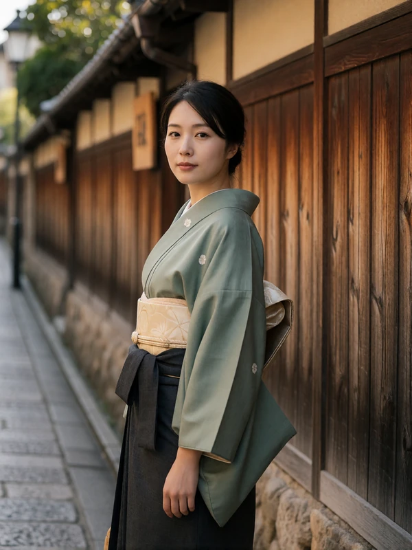 Japanese woman in a sage kimono-inspired jacket standing on a narrow stone lane in Kyoto