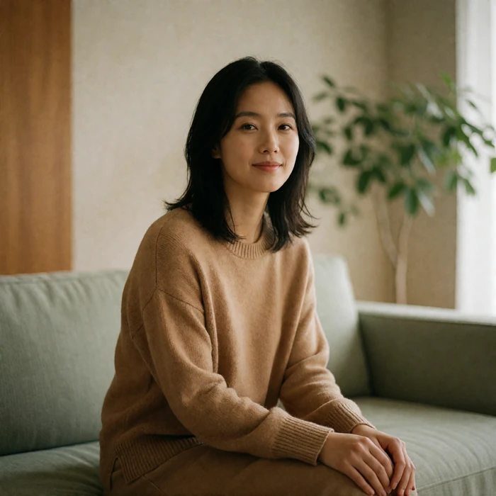 Korean woman sitting calmly in a serene minimalist apartment, a verified EasternSingles member
