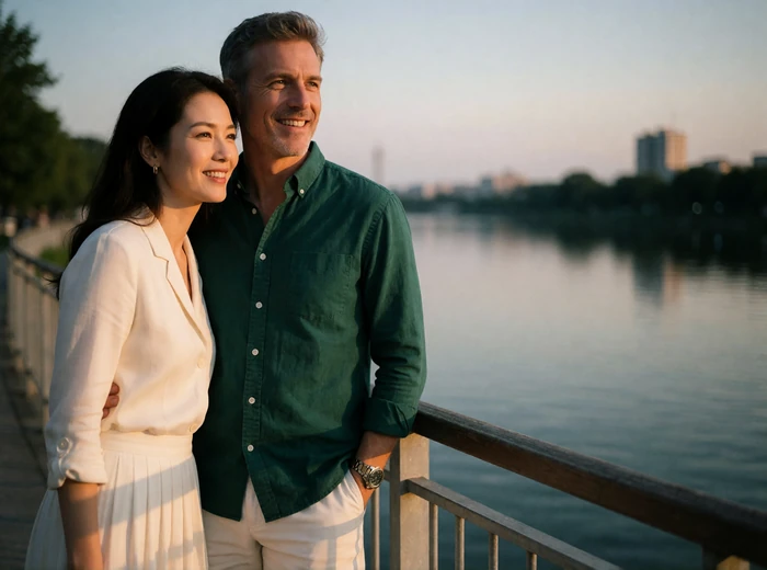 Korean woman and Western man standing together at a riverside railing at dusk