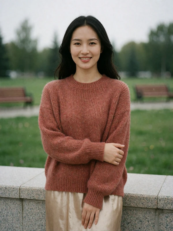 Mongolian woman in a rust knit sweater standing beside a stone wall in a quiet park