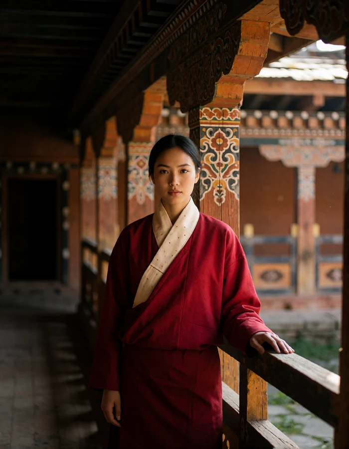 Bhutanese woman in a deep crimson wrap standing beneath a carved timber gallery in a traditional courtyard