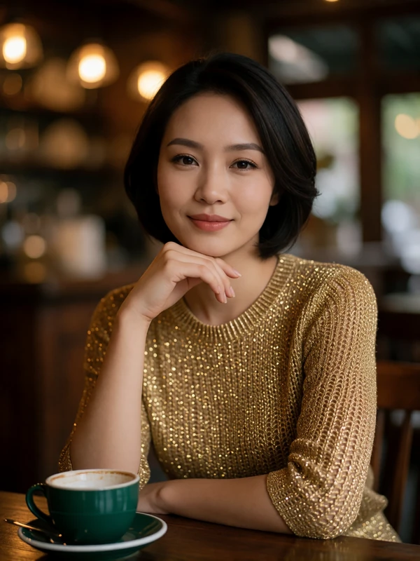 Vietnamese woman resting her chin on her hand at a quiet cafe table in warm lamplight