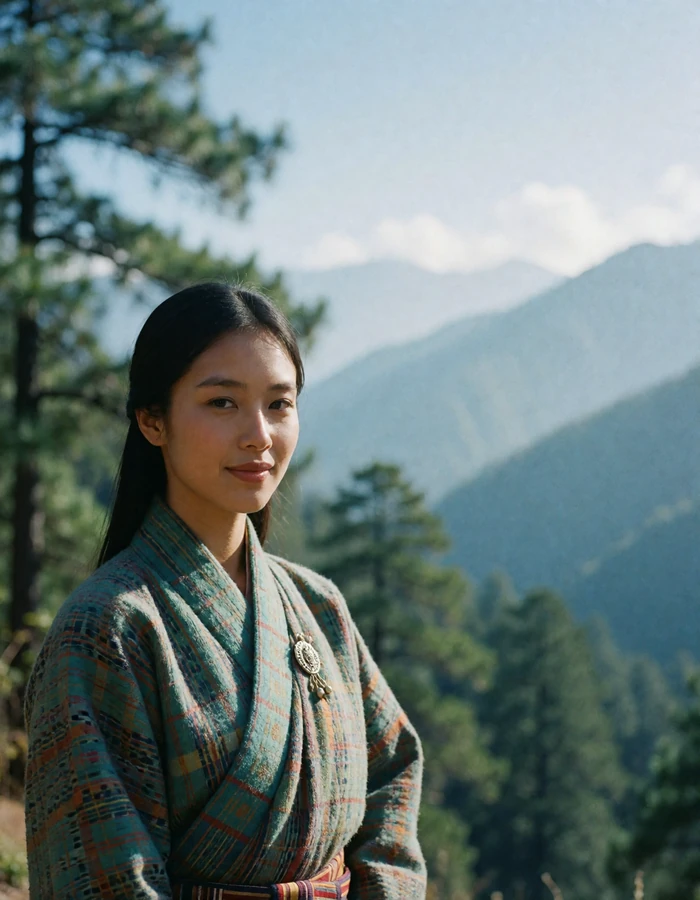 Bhutanese woman in a teal and saffron woven wrap standing at the edge of a pine-forested valley