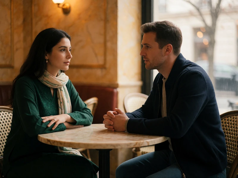 Afghan woman and Western man in conversation at a small cafe table with warm interior light