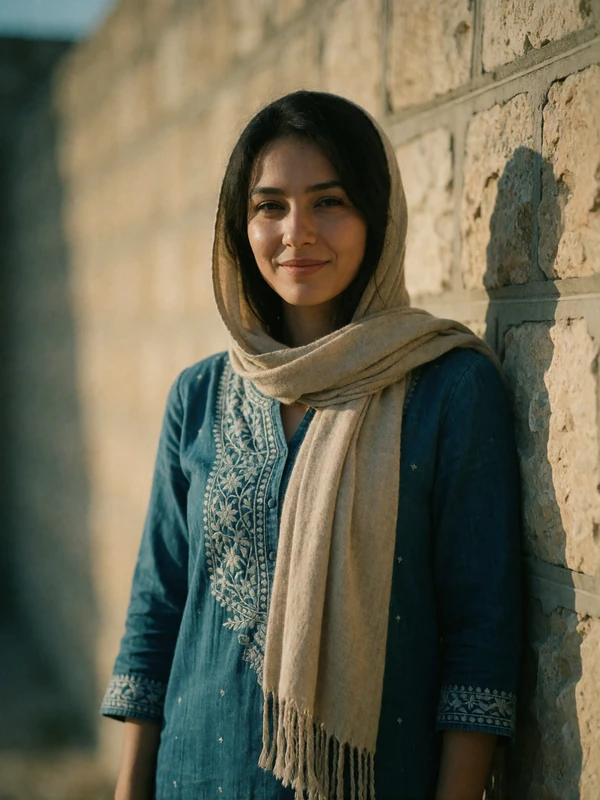 Tajik woman around thirty in an embroidered indigo tunic standing beside a sunlit stone wall
