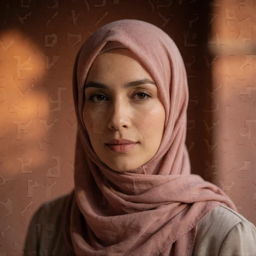 Malaysian woman in her early thirties wearing an elegant rose-toned headscarf, calm confident expression