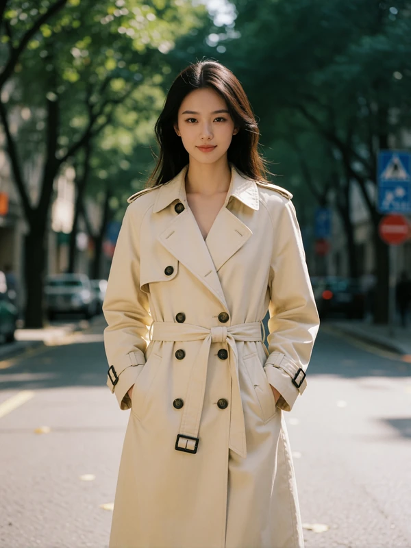 Young Chinese woman in a cream trench coat standing on a quiet tree-lined city street