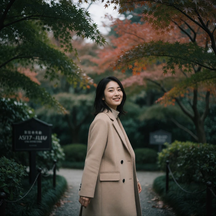 Japanese woman in a beige coat walking through a quiet garden path lined with maple trees