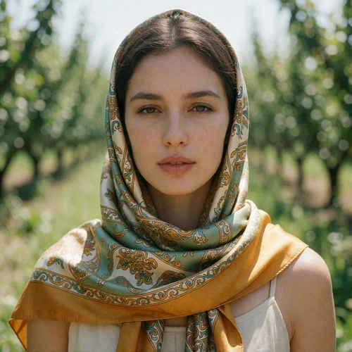 Uzbek woman with a patterned silk scarf over her shoulders, serene confident expression