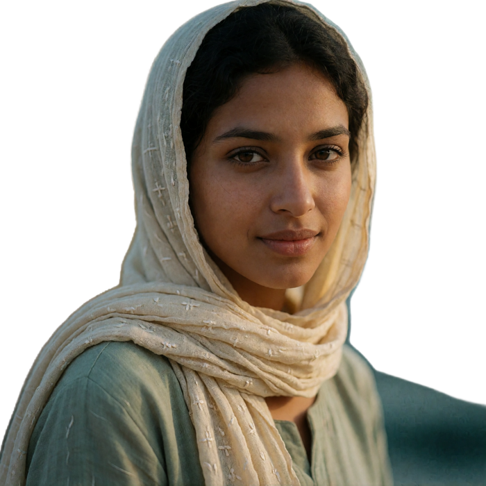 Bruneian woman in her late twenties wearing a cream headscarf, seated calmly in a quiet minimal interior