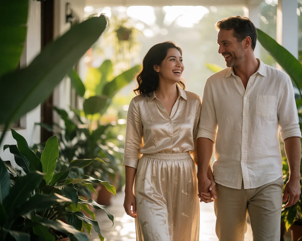 Cambodian woman and Western man walking together through a bright open-air walkway lined with tropical plants