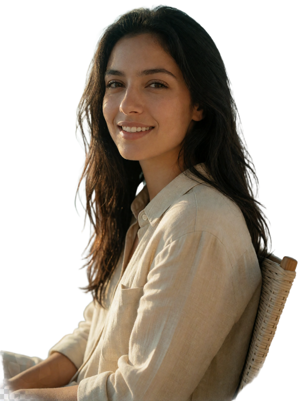 Jordanian woman in a sand-toned linen shirt seated on a terrace, smiling brightly