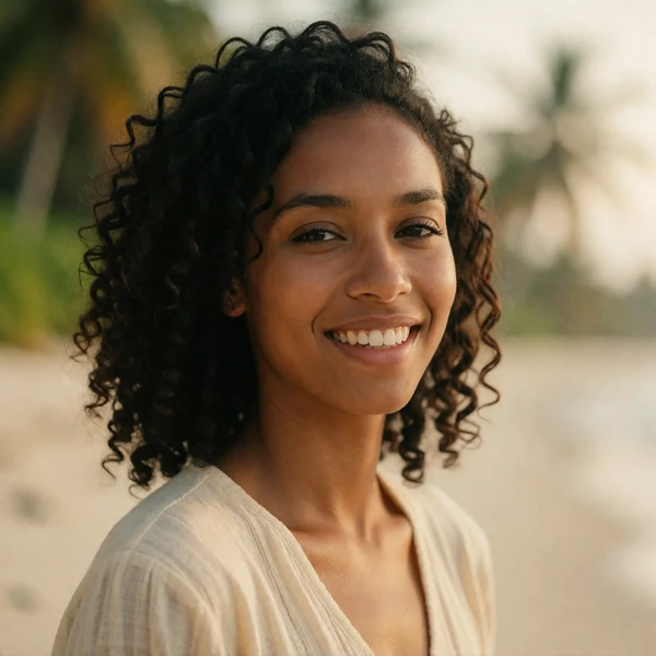 Timorese woman in her late twenties smiling warmly outdoors in soft morning light