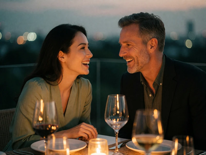 Vietnamese woman and Western man laughing together at a rooftop dinner table in warm evening light