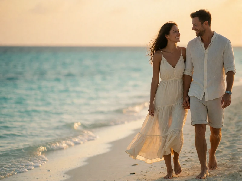Maldivian woman and Western man laughing together while walking barefoot along a quiet white-sand shore