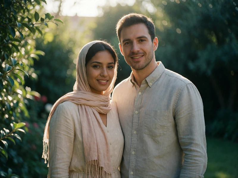 Yemeni woman and Western man smiling together in a sunlit garden