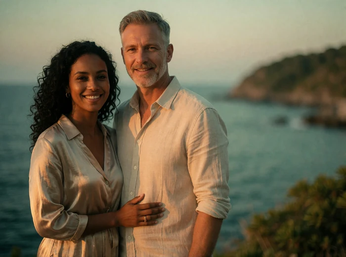 Timorese woman and Western man smiling together at a coastal viewpoint in late-afternoon light