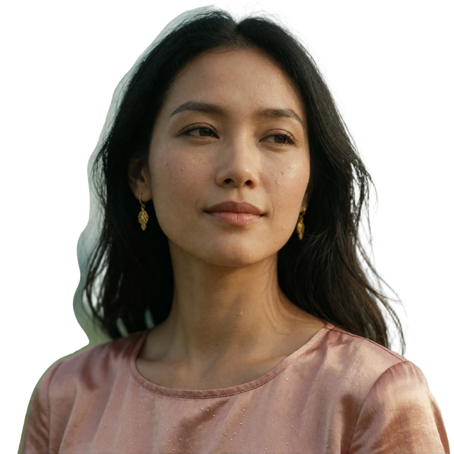 Burmese woman around thirty with a thoughtful smile in diffused daylight