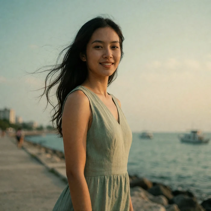 Filipina woman in a sage linen dress smiling gently on a quiet coastal promenade at late afternoon