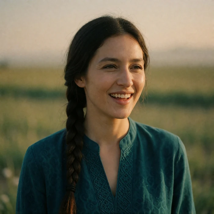 Tajik woman in her thirties with hair in a low braid wearing a deep teal tunic and laughing softly