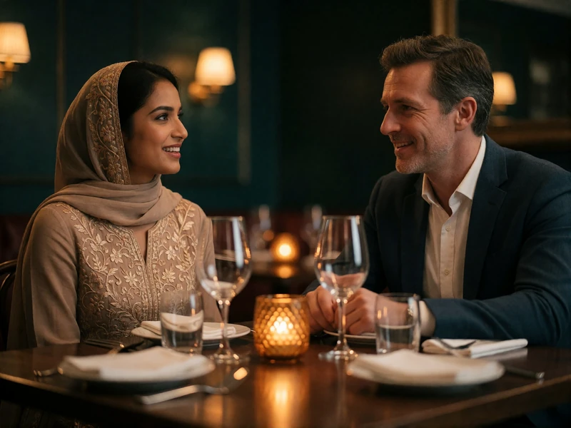 Bangladeshi woman and Western man laughing together across a corner of an elegant dining table in warm lamplight