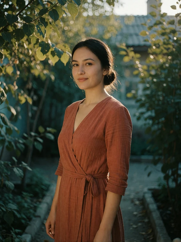 Kazakh woman in a terracotta wrap dress smiling in a leafy courtyard