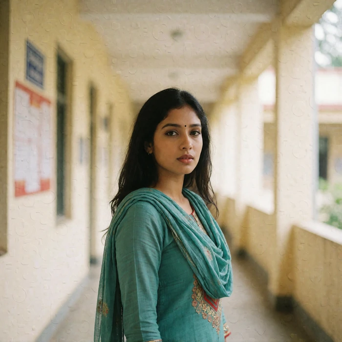 Bangladeshi woman in her late twenties in a light university corridor wearing a modest kameez
