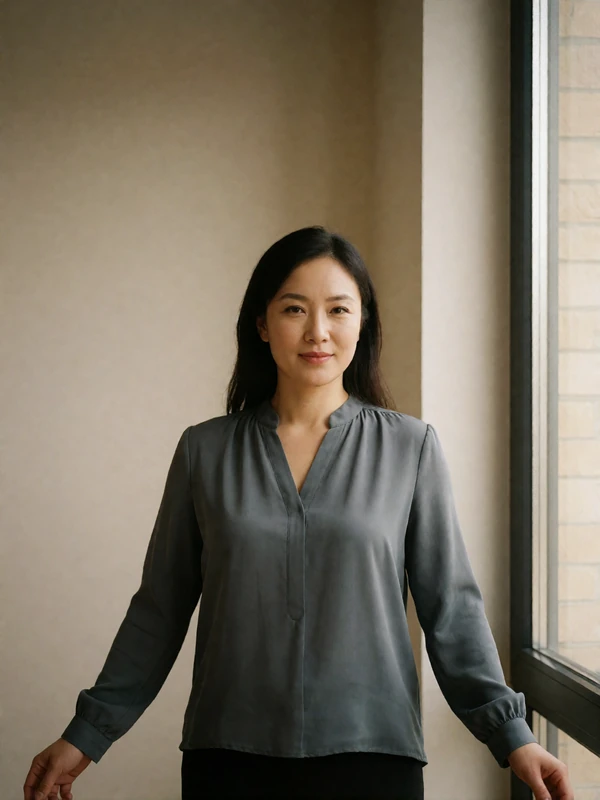 Mongolian woman in a slate grey blouse standing near a window in a simple modern interior
