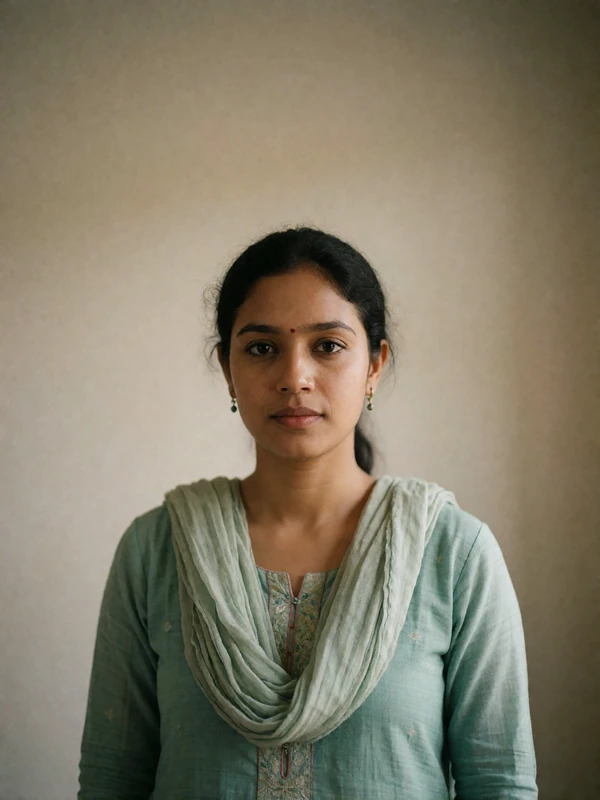 Bangladeshi woman in a simple kameez photographed against a plain warm neutral wall