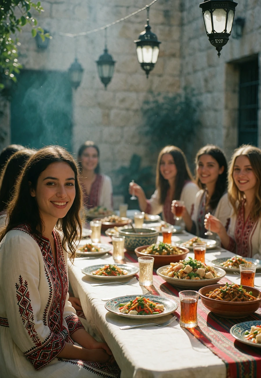 Jordanian women in warm embroidered dresses gathered around a shared meal in a stone courtyard