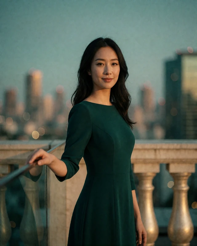 Asian woman in an emerald dress on an upscale rooftop terrace at dusk, shown as an example member profile portrait