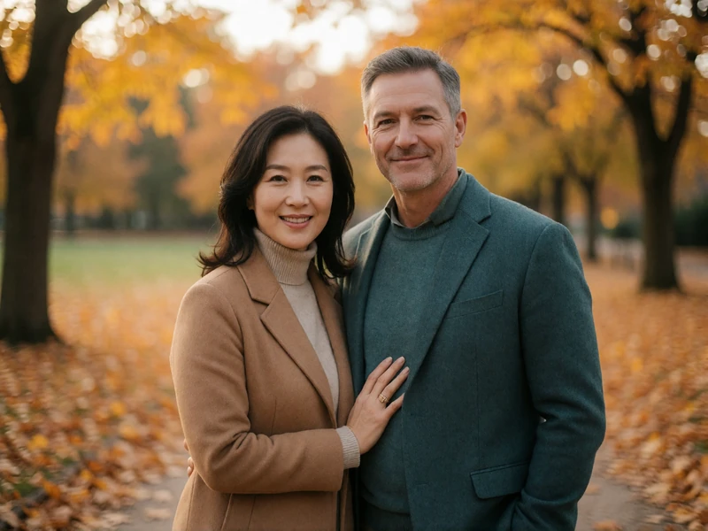 Korean woman and Western man walking together on a leafy autumn park path