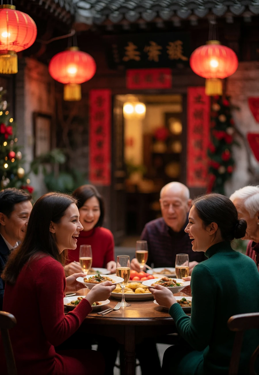 Chinese family members sharing an evening meal together at a festive gathering in a traditional courtyard home