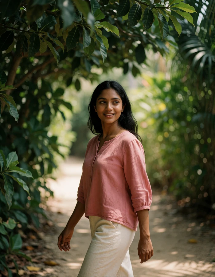 Sri Lankan woman in a soft rose blouse walking along a shaded tropical garden path near the southern coast