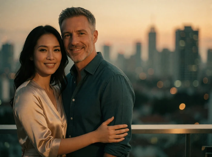 Malaysian woman and Western man standing close together on a rooftop terrace at dusk, smiling naturally