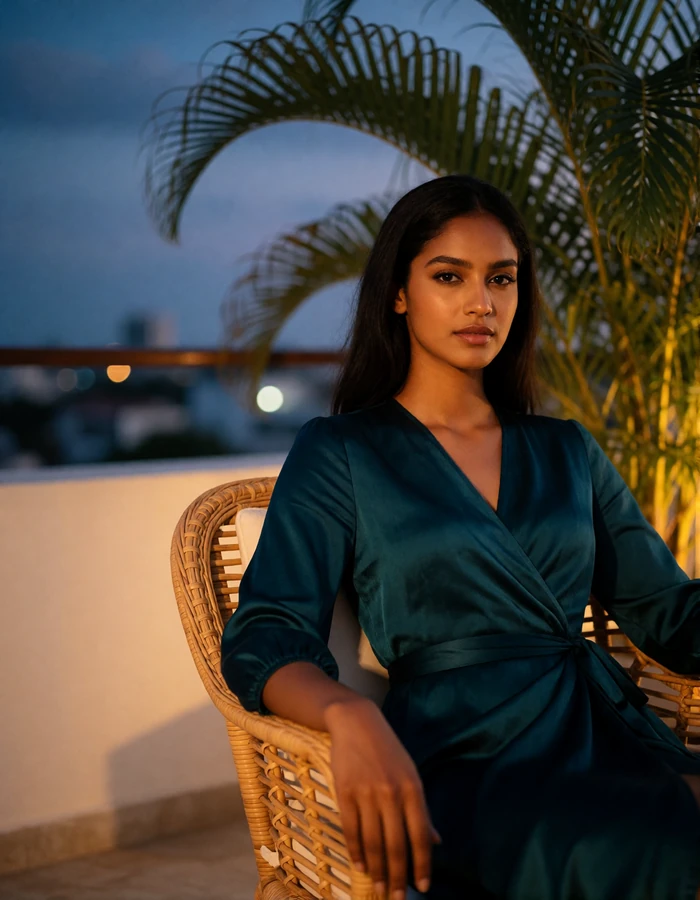 Sri Lankan woman in a deep teal silk wrap dress seated on a rooftop terrace at dusk in Colombo
