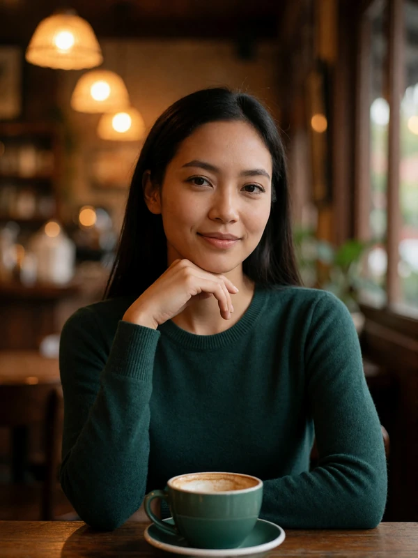 Filipina woman resting her chin on her hand at a quiet cafe table in warm lamplight